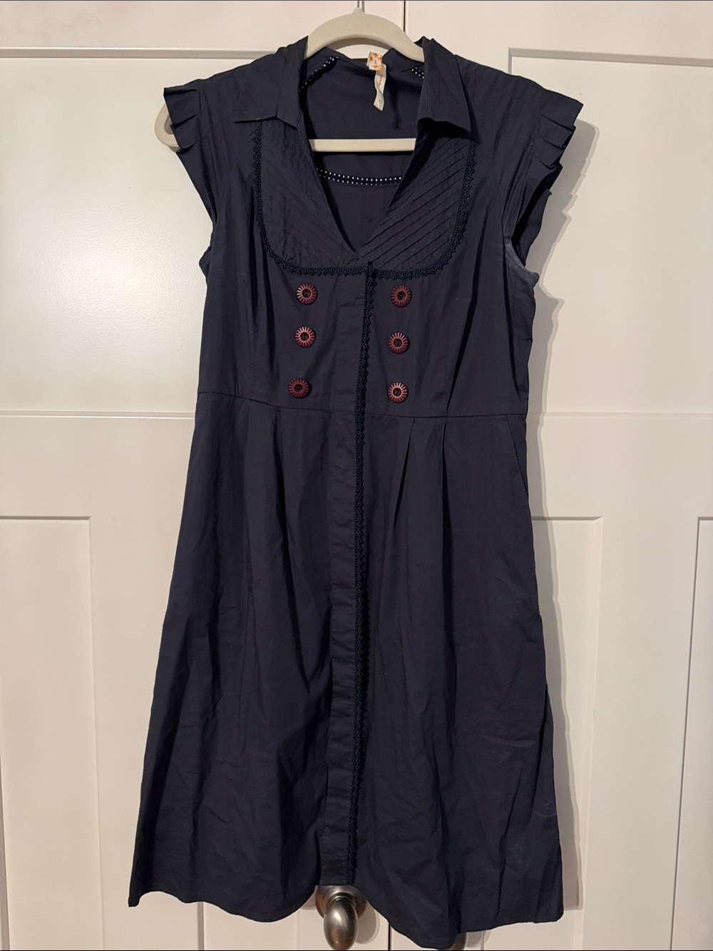 Maeve Navy Dress with brown Accent Buttons
